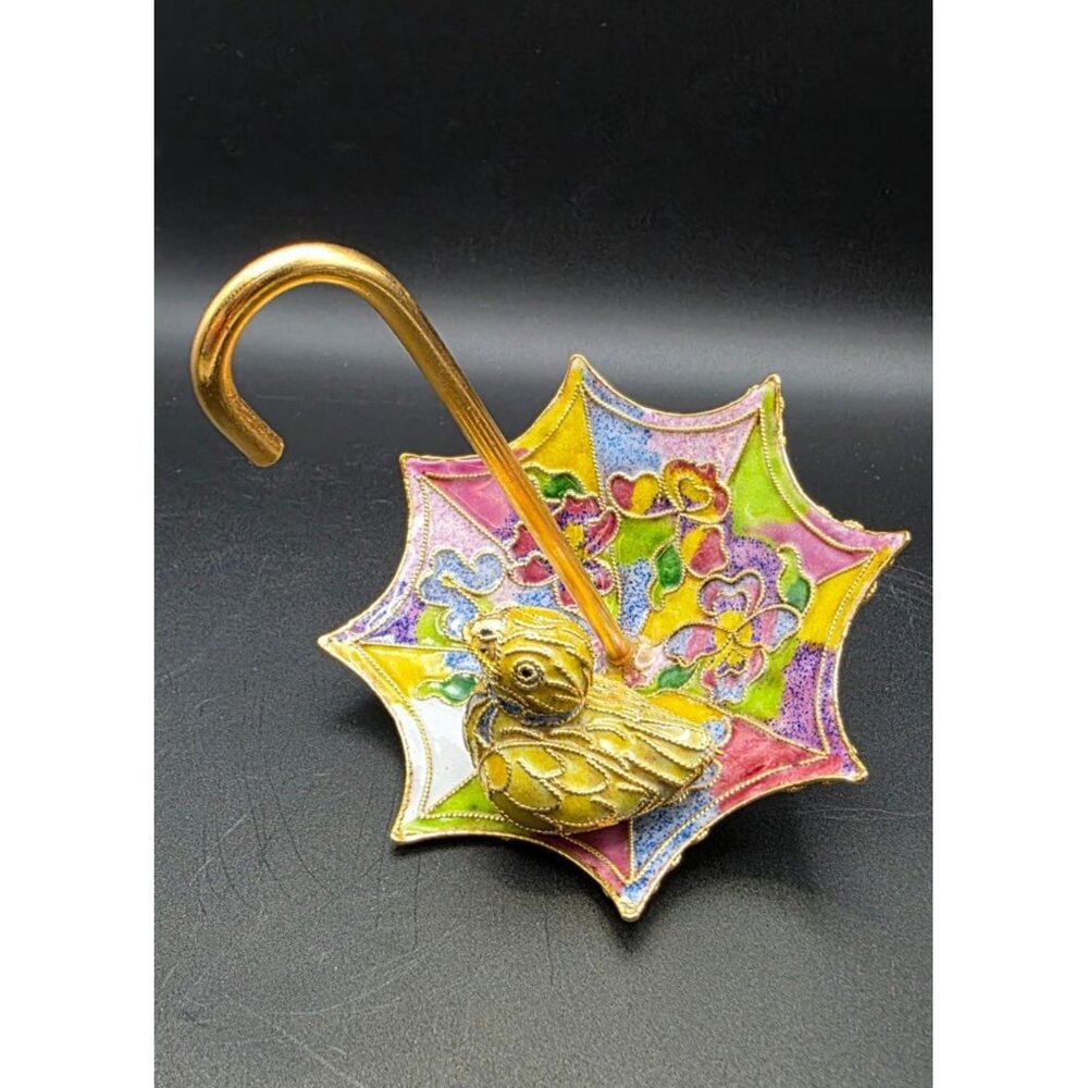 Vintage NYCO Cloisonne Enamel Art Umbrella w/ Duck Figurine Spring Easter Decor